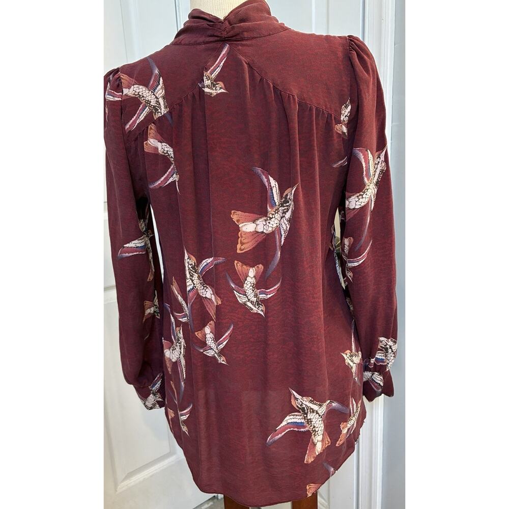 WAREHOUSE 100% Silk Blouse UK 12 US 8 Burgundy Neck Bow Flying Bird Print - Picture 2 of 7